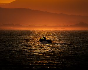 Preview wallpaper boat, sea, hills, silhouettes, sunset