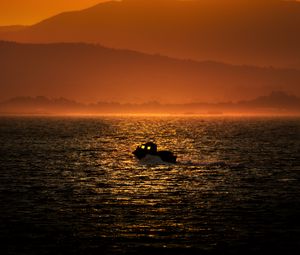 Preview wallpaper boat, sea, hills, silhouettes, sunset