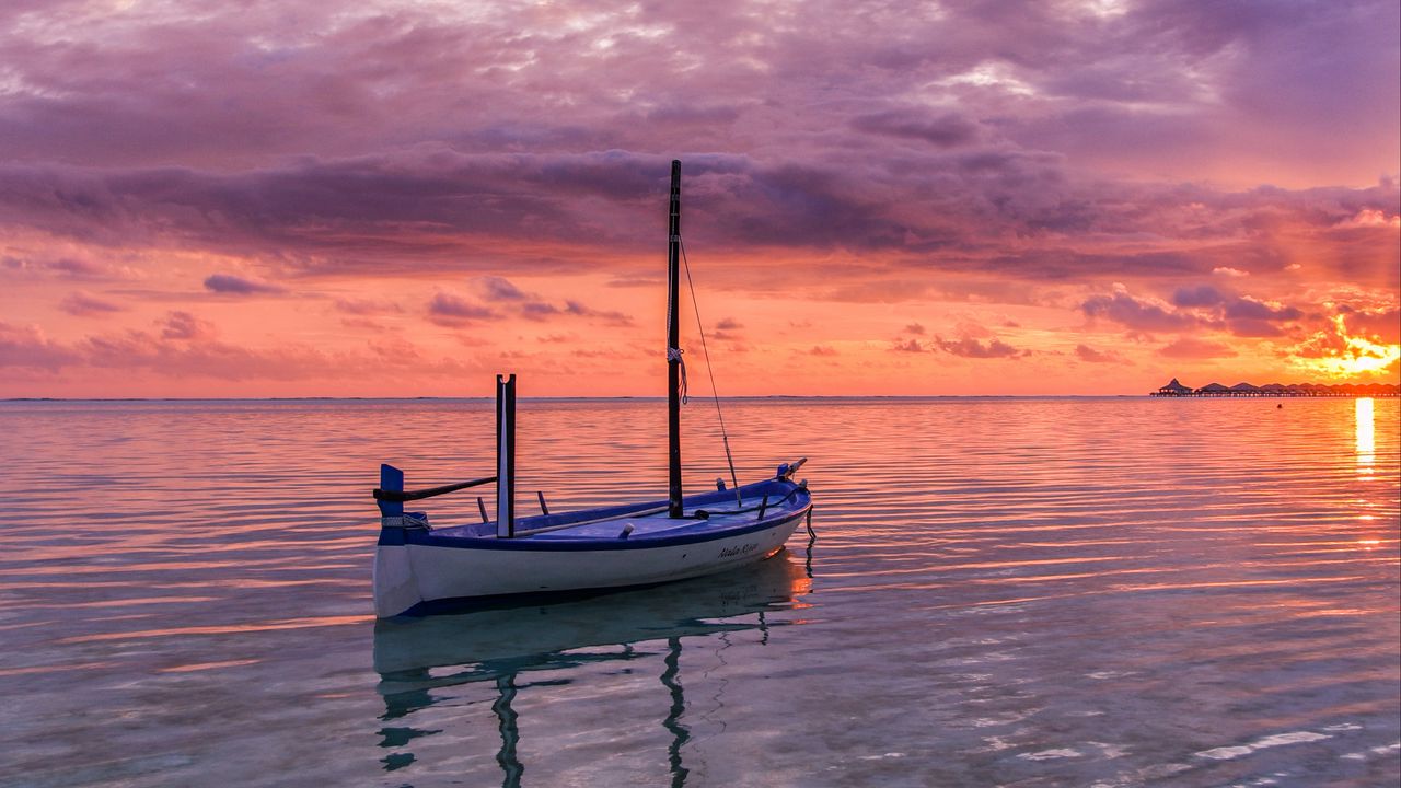 Wallpaper boat, sea, ocean, horizon, sunset