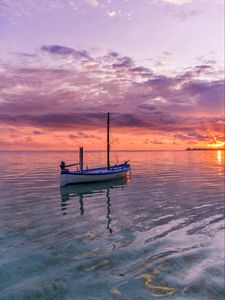 Preview wallpaper boat, sea, ocean, horizon, sunset