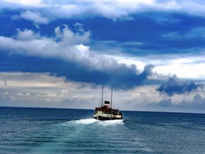 Preview wallpaper boat, sea, ocean, clouds, sky