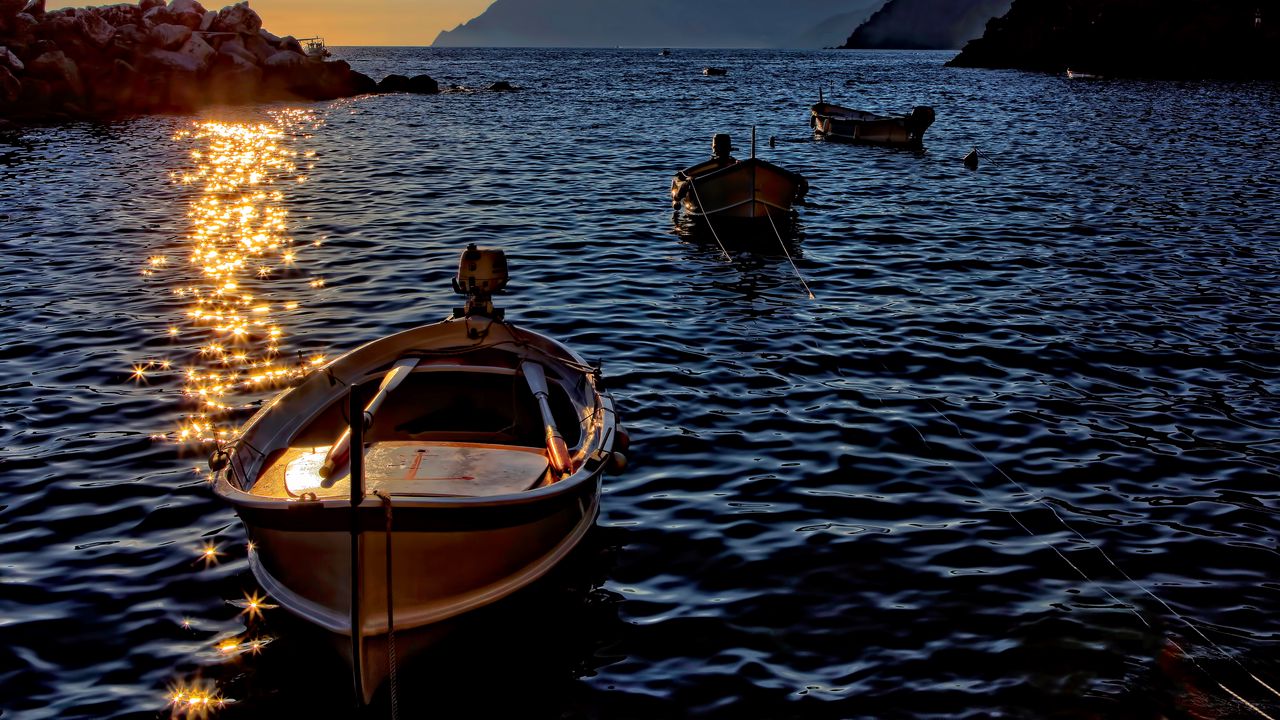Wallpaper boat, sea, sunset, water, shine