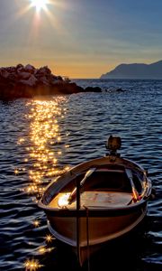 Preview wallpaper boat, sea, sunset, water, shine