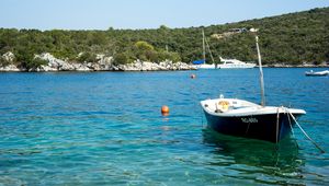 Preview wallpaper boat, sea, trees, bottom, stones