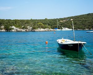 Preview wallpaper boat, sea, trees, bottom, stones