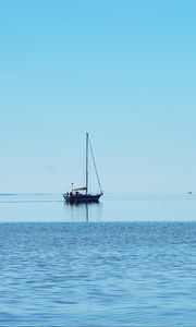 Preview wallpaper boat, sea, water, shore, minimalism, blue