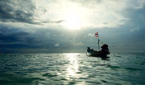 Preview wallpaper boat, sea, waves, clouds, sunset