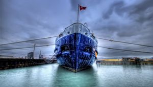 Preview wallpaper boat, ship, dock, sea, flag, hdr