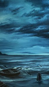 Preview wallpaper boat, shore, sea, waves, art
