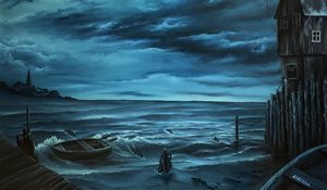 Preview wallpaper boat, shore, sea, waves, art