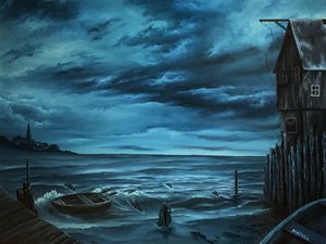 Preview wallpaper boat, shore, sea, waves, art