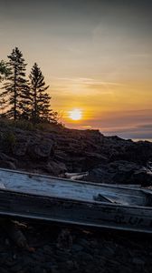 Preview wallpaper boat, shore, trees, sunset, nature