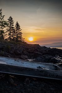Preview wallpaper boat, shore, trees, sunset, nature