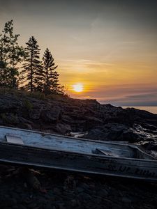 Preview wallpaper boat, shore, trees, sunset, nature