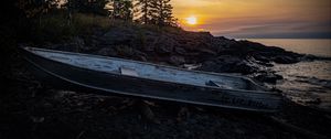 Preview wallpaper boat, shore, trees, sunset, nature