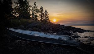 Preview wallpaper boat, shore, trees, sunset, nature