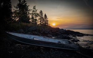 Preview wallpaper boat, shore, trees, sunset, nature