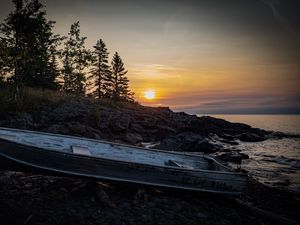 Preview wallpaper boat, shore, trees, sunset, nature