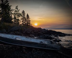 Preview wallpaper boat, shore, trees, sunset, nature