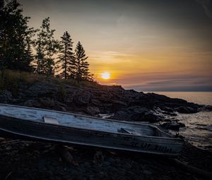 Preview wallpaper boat, shore, trees, sunset, nature