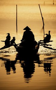 Preview wallpaper boat, silhouette, dark, river, oars, birds, reflection