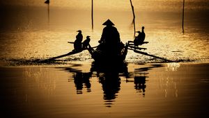 Preview wallpaper boat, silhouette, dark, river, oars, birds, reflection