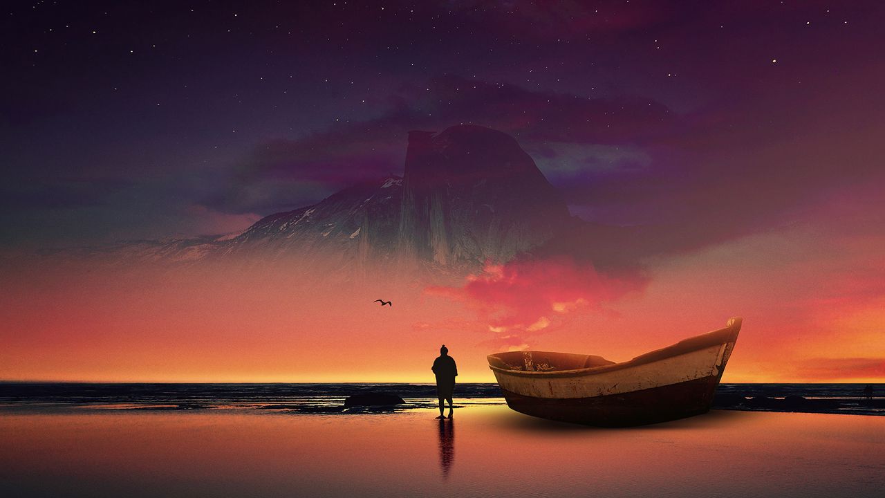 Wallpaper boat, silhouette, photoshop, shore, ocean, starry sky, night