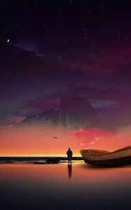 Preview wallpaper boat, silhouette, photoshop, shore, ocean, starry sky, night