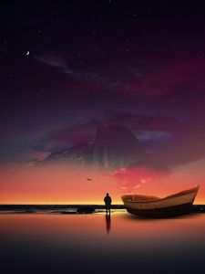 Preview wallpaper boat, silhouette, photoshop, shore, ocean, starry sky, night