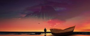 Preview wallpaper boat, silhouette, photoshop, shore, ocean, starry sky, night