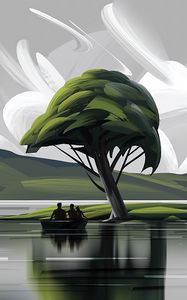 Preview wallpaper boat, silhouettes, art, tree, lake