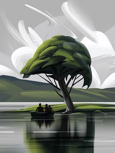 Preview wallpaper boat, silhouettes, art, tree, lake