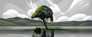 Preview wallpaper boat, silhouettes, art, tree, lake