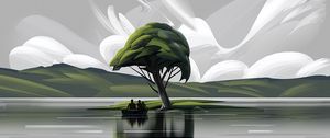 Preview wallpaper boat, silhouettes, art, tree, lake