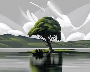 Preview wallpaper boat, silhouettes, art, tree, lake