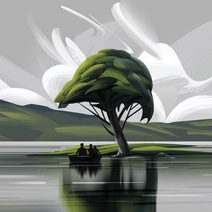 Preview wallpaper boat, silhouettes, art, tree, lake