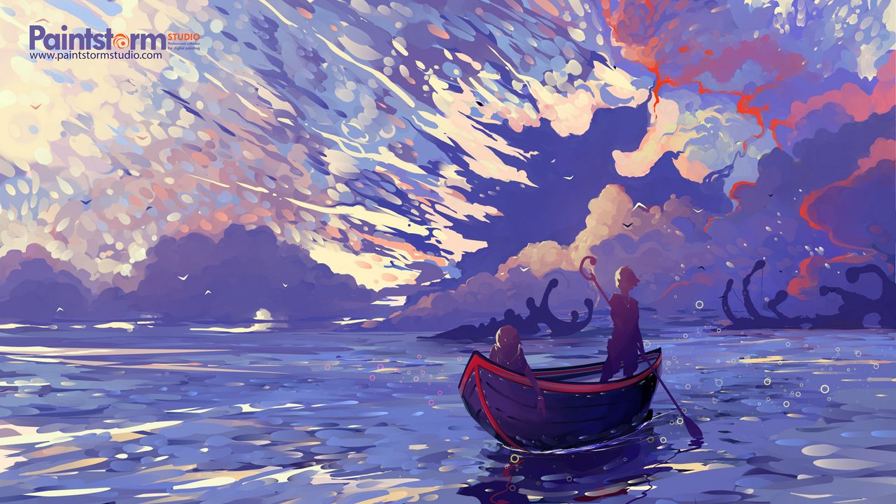 Wallpaper boat, silhouettes, sea, art, clouds