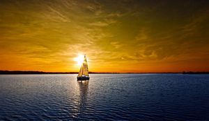 Preview wallpaper boat, sky, sea, sail, sunset, water