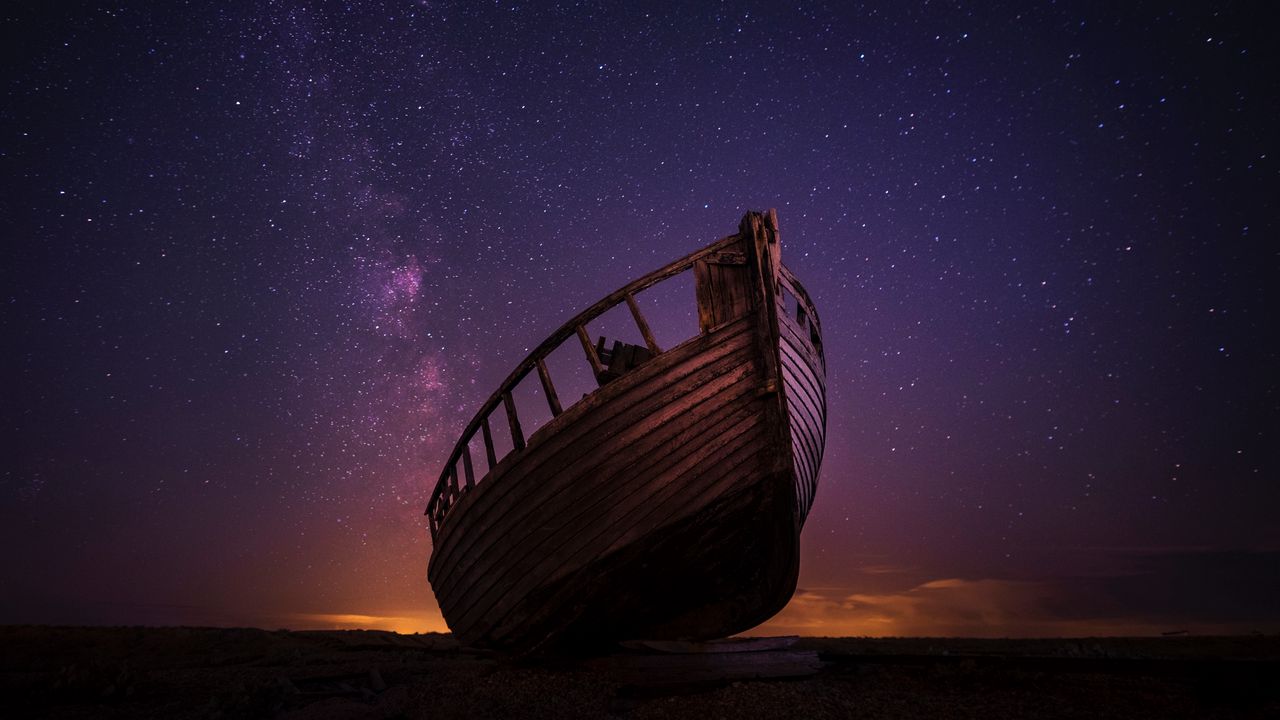 Wallpaper boat, starry sky, night
