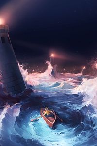 Preview wallpaper boat, storm, lighthouses, sea, art