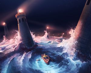 Preview wallpaper boat, storm, lighthouses, sea, art