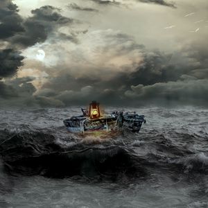 Preview wallpaper boat, storm, sea, waves, overcast