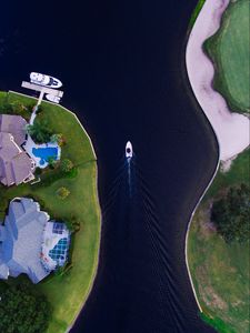 Preview wallpaper boat, strait, yacht, coast, aerial view