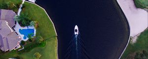 Preview wallpaper boat, strait, yacht, coast, aerial view