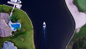 Preview wallpaper boat, strait, yacht, coast, aerial view