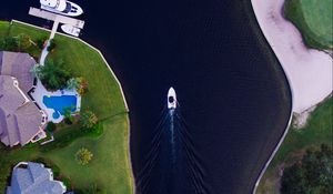 Preview wallpaper boat, strait, yacht, coast, aerial view