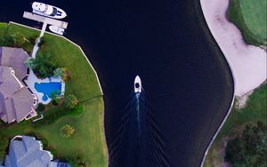 Preview wallpaper boat, strait, yacht, coast, aerial view