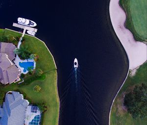 Preview wallpaper boat, strait, yacht, coast, aerial view