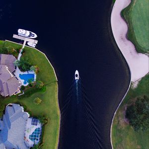 Preview wallpaper boat, strait, yacht, coast, aerial view