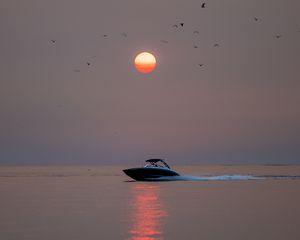 Preview wallpaper boat, sun, sunset, glare, birds